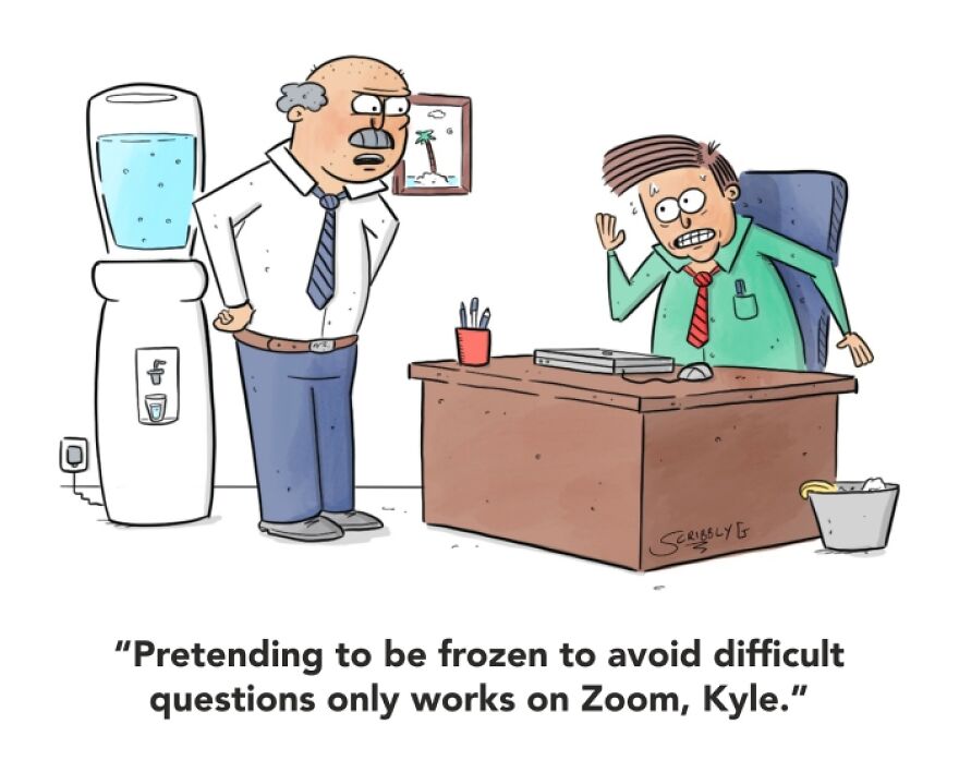 Cartoon by Scribbly G shows office scene with boss and employee, humor about pretending to freeze during meeting.