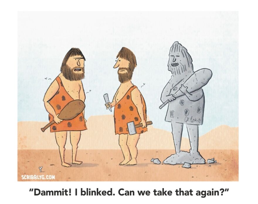 Cavemen with tools pose next to a stone statue in a comic with dark humor by Scribbly G.