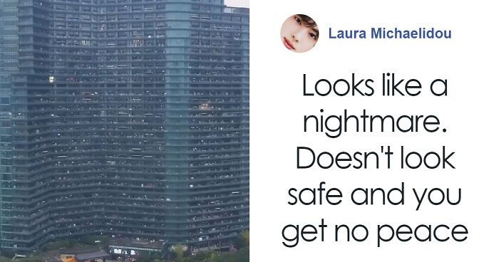 Large Chinese dystopian apartment building housing thousands of residents with dense, uniform balconies and minimal outdoor space.