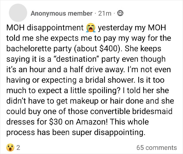 “Is It Too Much To Expect A Little Spoiling?”: Bride Upset After Covering Bachelorette Costs “Is It Too Much To Expect A Little Spoiling?”: Bride Upset After Covering Bachelorette Costs