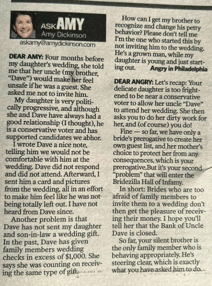 Wherein The Mother Of The Bride Wonders Why The Uncle She Disinvited Isn't Gifting Her Daughter Any Money For Her Wedding