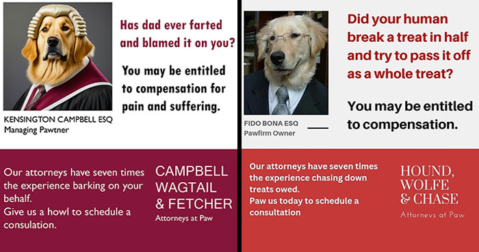 “Campbell Wagtail & Fetcher”: 11 Hilarious Ads Featuring A Dog Attorney