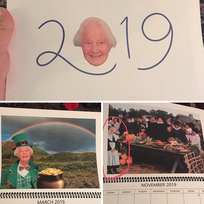 Mi abuela de 97 años nos ha regalado por Navidad un calendario con imágenes photoshopeadas de ella en cada mes