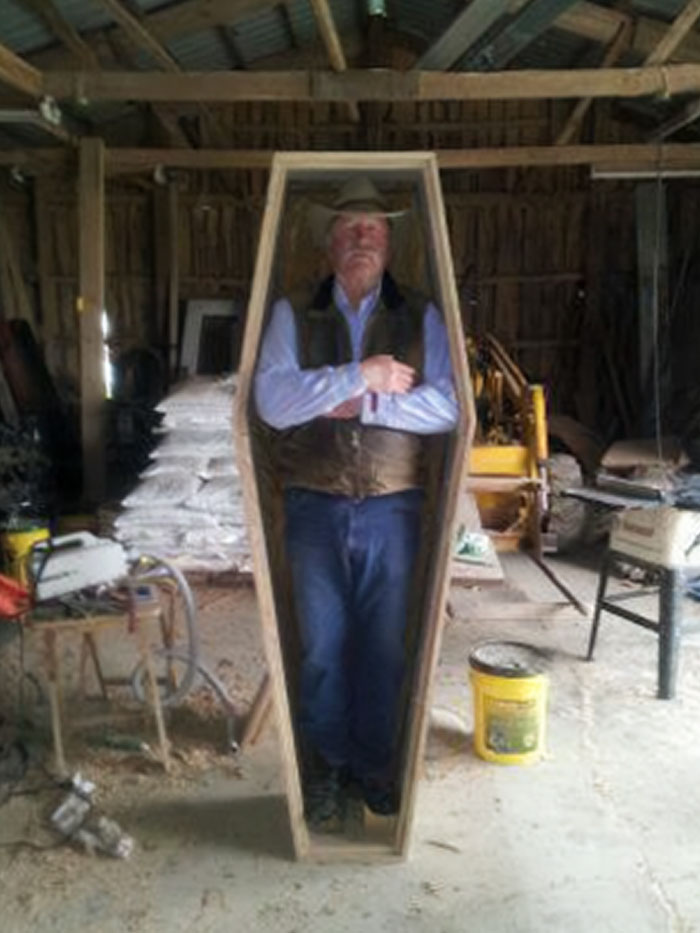 As Promised, My Grandpa Posing In The Coffin He Is Making For Himself