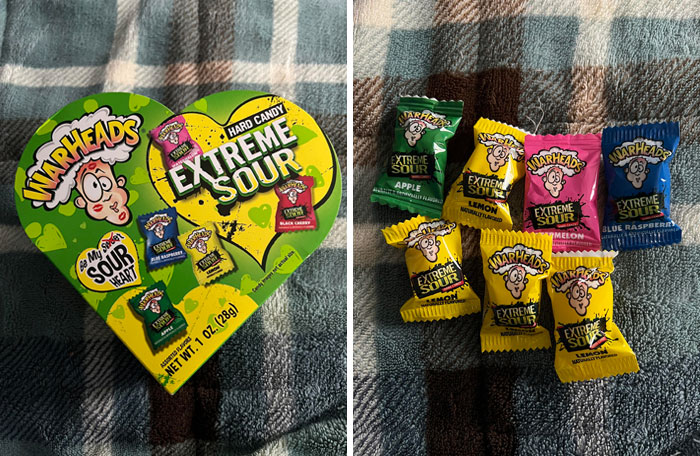 Got These Warheads For Valentine’s Day. Did Not Have Any Black Cherry Whatsoever, 4 Lemons, And Watermelon Flavor Was Just Packaged Air