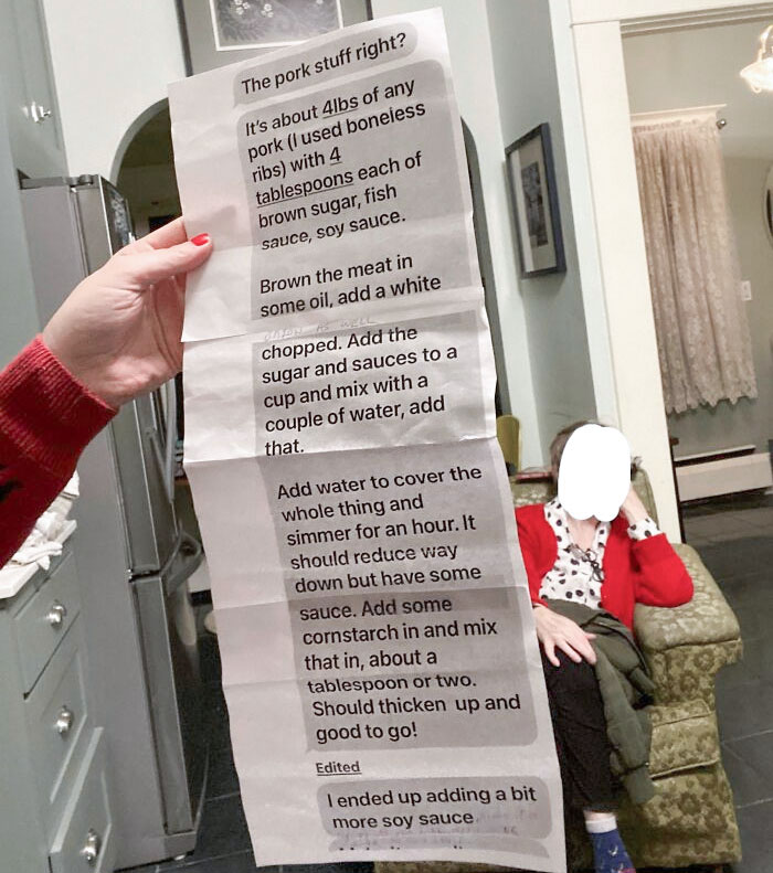 My Dad Printed Out A Text Conversation. My Mom Was Looking For A Recipe, So My Dad Texted My Brother And Printed Out The Response In This 170-Point Font