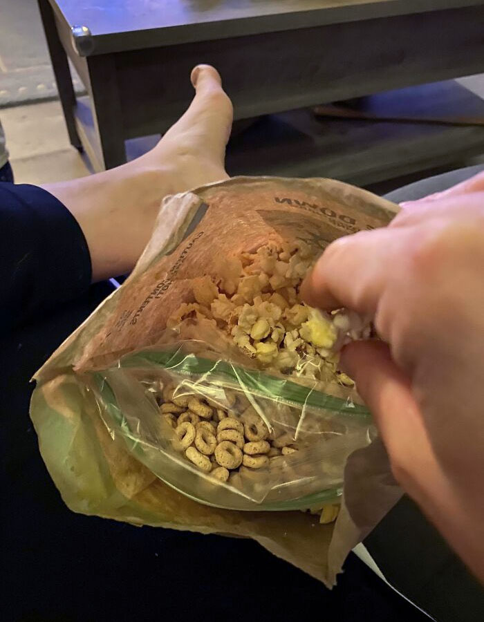 Put Cheerios Or Other Toddler Appropriate Snack In A Sandwich Baggie Inside Your Own Popcorn. When They Try To Steal It Give Them Those Instead Of Your Popcorn