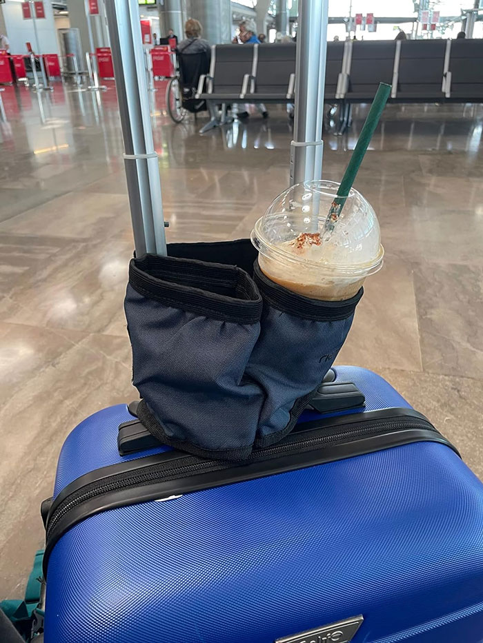 Make Airport Lattes And Toddling Tots Manageable With A Multi-Pocket Suitcase Cup Holder