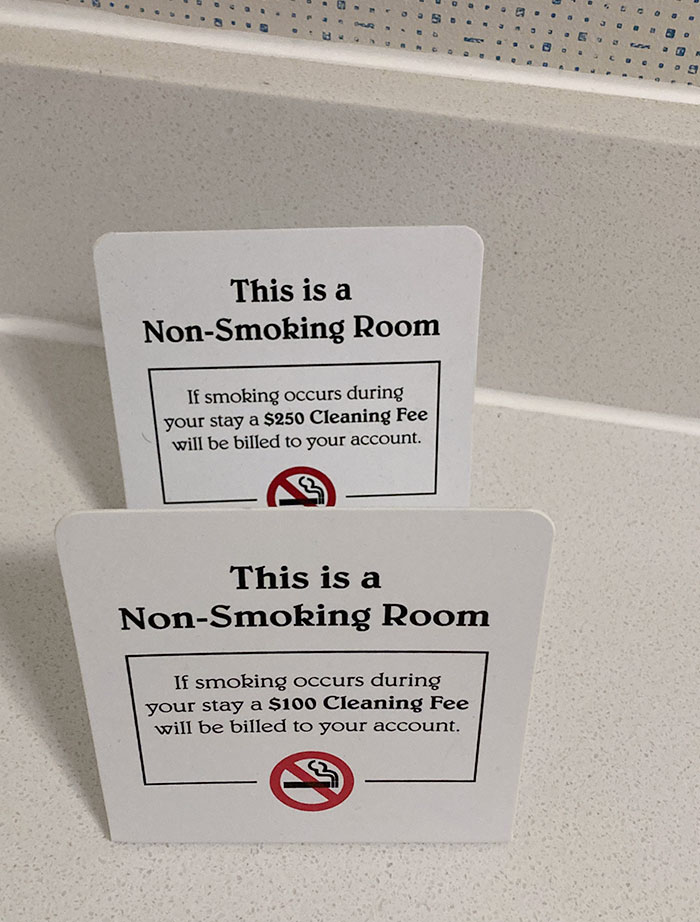 The Hotel I’m Staying At Forgot To Change Out Both Signs, Leaving Very Different Cleaning Fees