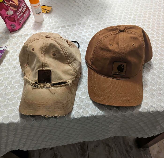 New Hat vs. 1 Year Of Regular Use. They Started Out The Same Color