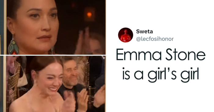 Emma Stoneu2019s gracious reaction after losing SAG Award to Lily Gladstone, showing poise and grace in a crowded event.