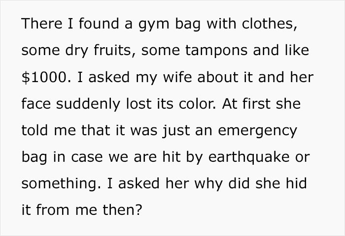 Husband Wants A Divorce After Finding Wife’s “Go Bag”, Gets A Reality Check Online