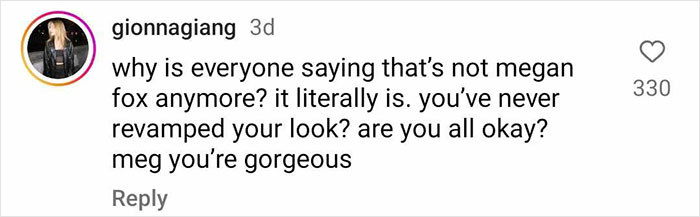 A comment on Megan Fox's full sleeve tattoo, questioning her new look. A comment on Megan Fox's full sleeve tattoo, questioning her new look.