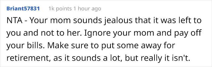 Mom Asks For The Inheritance Her Daughter Got So She Can "Sanitize" It Mom Asks For The Inheritance Her Daughter Got So She Can "Sanitize" It