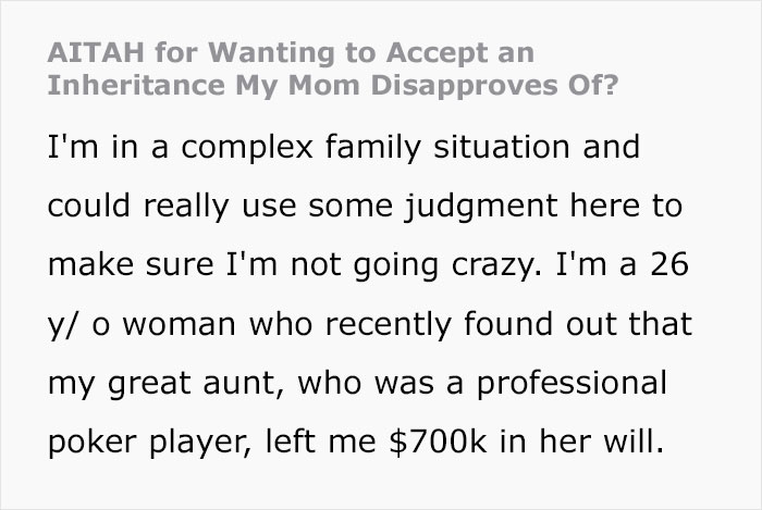Mom Asks For The Inheritance Her Daughter Got So She Can "Sanitize" It Mom Asks For The Inheritance Her Daughter Got So She Can "Sanitize" It