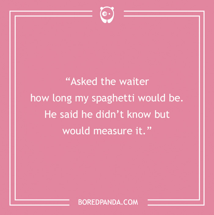 Pasta joke on a pink background about spaghetti length and waiter’s humorous reply for pasta jokes fans.
