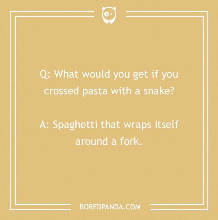 Pasta joke on beige background with white text about spaghetti that wraps itself around a fork, highlighting pasta jokes.