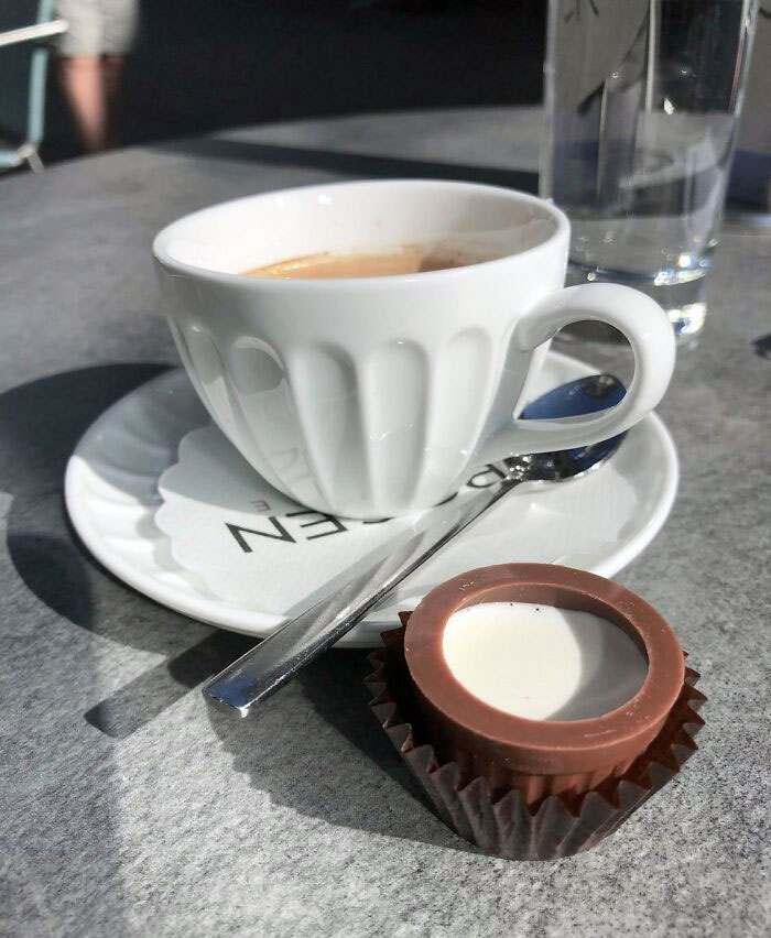The Cream I Ordered With My Coffee At A Swiss Cafe Was Served Inside Of A Chocolate Treat