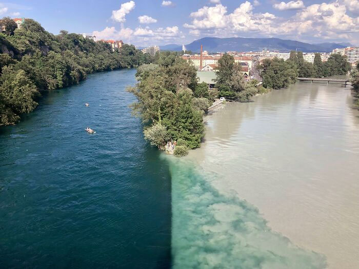 Two Rivers Meet And Mix In Geneva, Switzerland