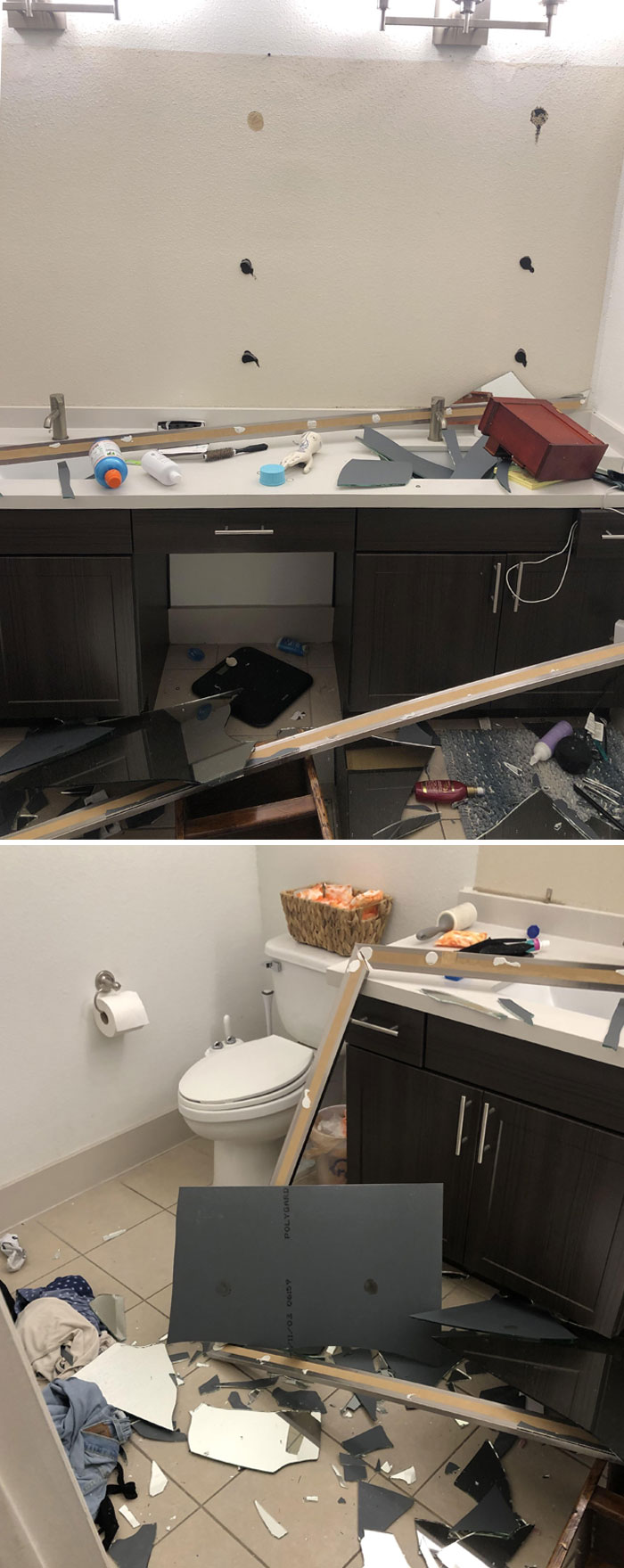 Heard A Crash In The Bathroom - The Mirror Literally Fell Off The Wall Randomly. Maintenance Said We Aren’t The First Unit This Has Happened To