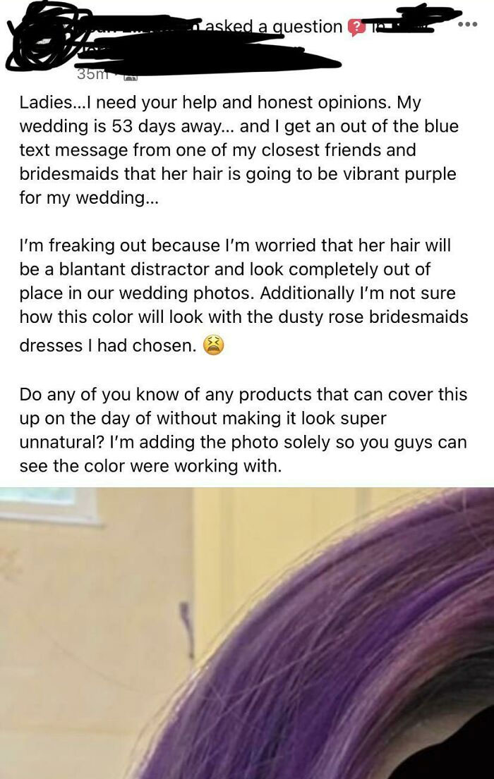 Asking For A Loved One In The Bridal Party To Cover Up Their Purple Hair As It Will Be Too Distracting