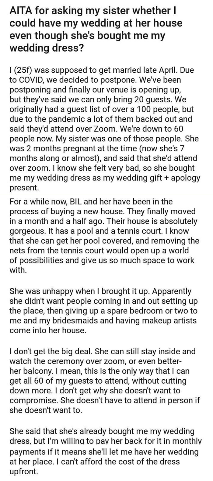 Bridezilla Wants Her Sister's House For Her Wedding