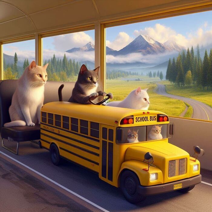 Cats Driving A School Bus
