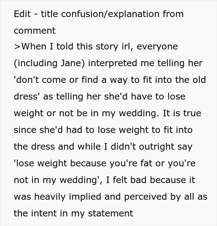 Bride Refuses To Buy Bridesmaid A New Dress Because She Gained Weight, Asks If She's In The Wrong