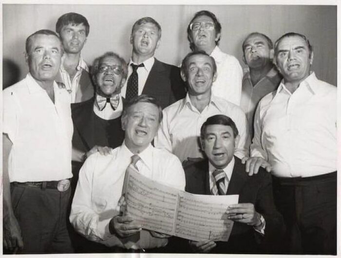 Hollywood Boys Choir, 1973. From Top Left Kent Mccord, Martin Milner, Charles Nelson Reilly, Ed Asner, Glenn Ford, Red Foxx, Jack Carter, Ernest Borgnine, John Wayne And Howard Cosell