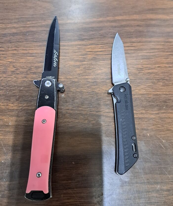 Left Is A Cheapo Knife I've Had For Over A Decade, Very Worn But Still Takes A Decent Edge. Right Is My All-Purpose Kershaw Knife I Use At Work. (I Have Many More, This Is Just What I Have On Me At Work.)