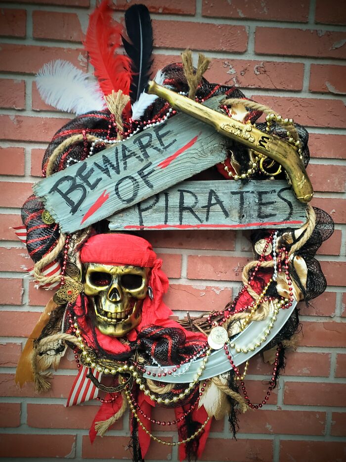 Red Black And Gold Beware Of Pirates Wreath