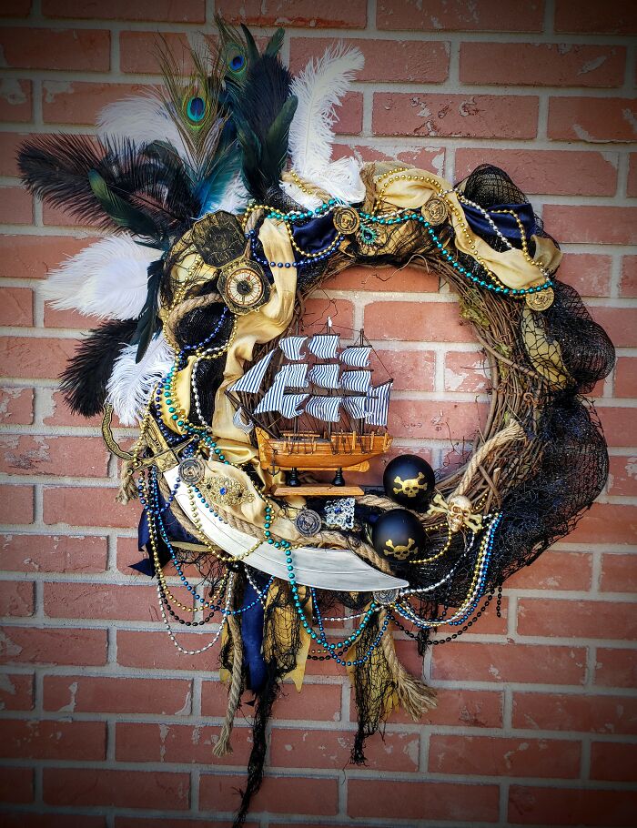 Navy Blue, Gold And Black Pirate Ship Wreath