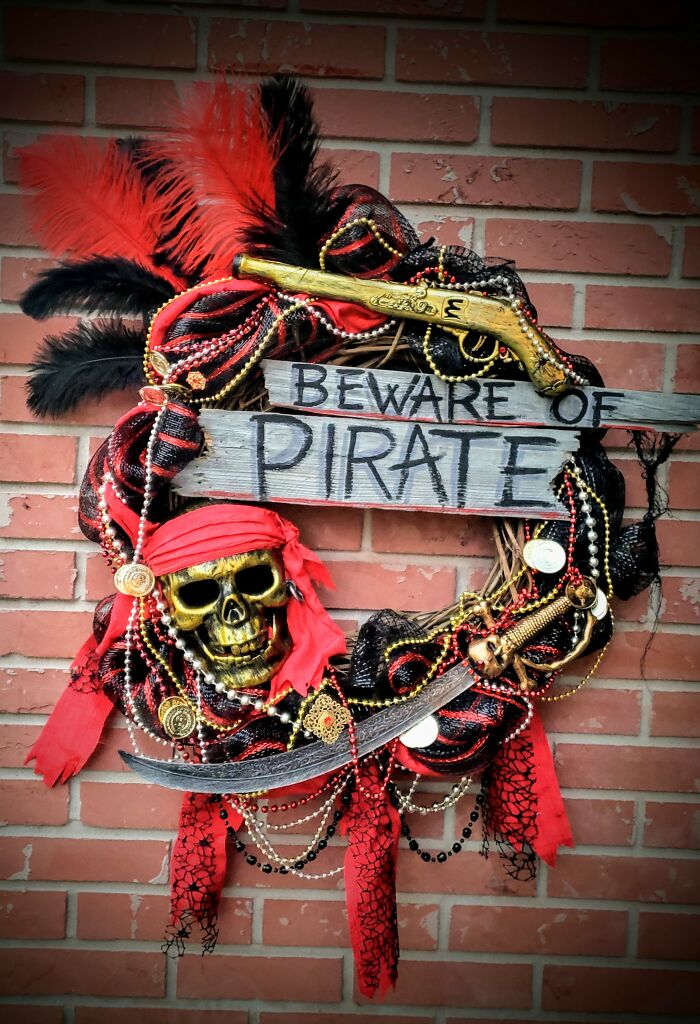 Red And Black Beware Of Pirate Wreath (This One Was Made For A Bachelor, Hence The Beware Of Pirate vs. Pirates Sign)