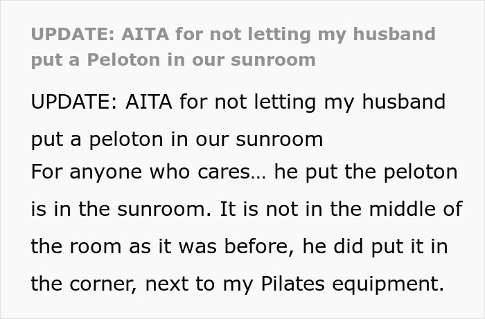 Woman Doesn’t Let Husband Invade Her Personal Corner At Home With His Peloton, Drama Ensues Woman Doesn’t Let Husband Invade Her Personal Corner At Home With His Peloton, Drama Ensues