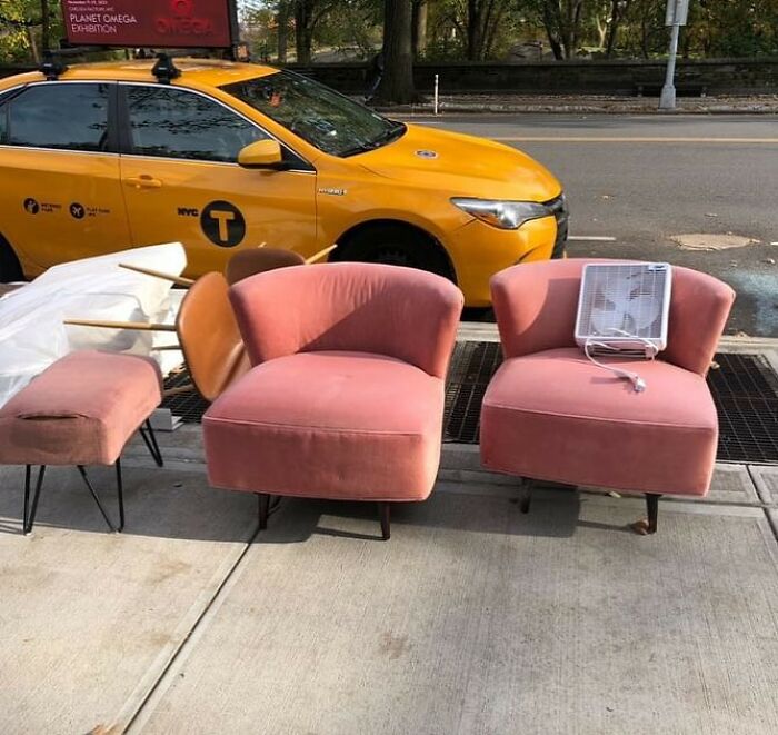 Pretty In Pink. Two Chairs In Great Condition And One Ottoman In Mediocre Condition On Cpw Between 98th And 100th 