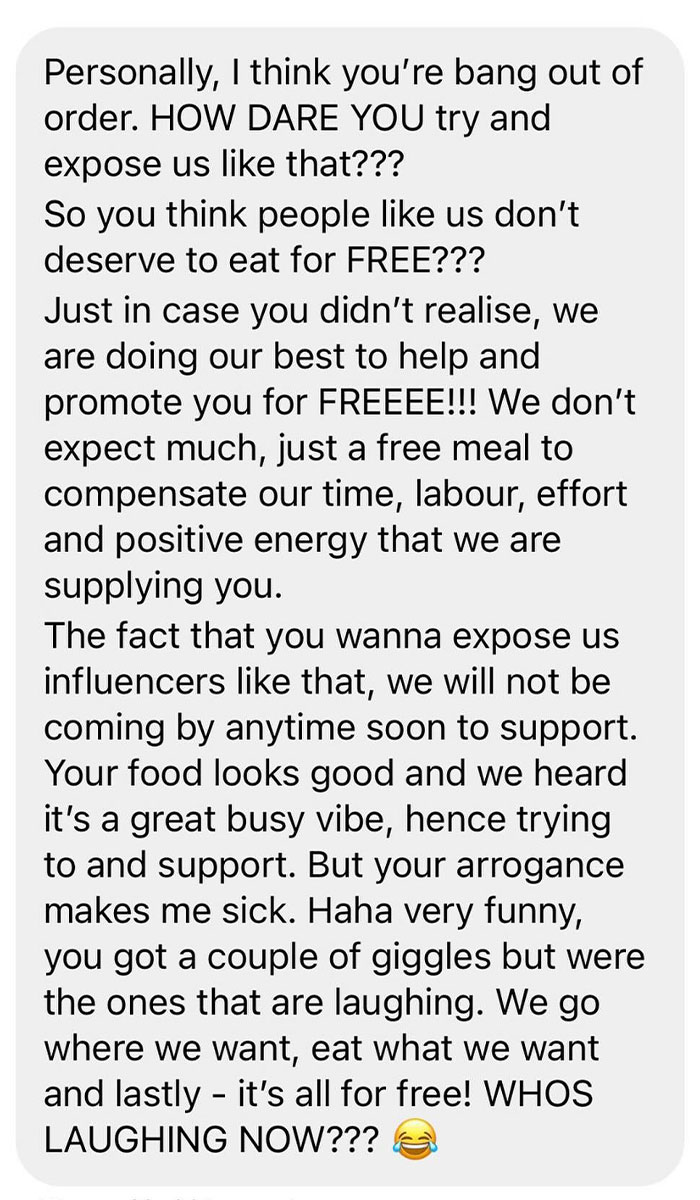 Restaurant Goes Viral For Putting Influencer In Their Place After They Asked To Eat For Free Restaurant Goes Viral For Putting Influencer In Their Place After They Asked To Eat For Free
