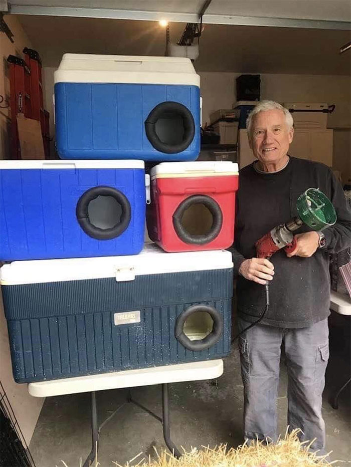 Este hombre recicla neveras portátiles viejas y las transforma en refugios para gatos en invierno