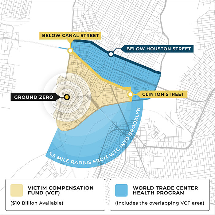 Map showing 9/11 victim compensation fund and World Trade Center health program coverage areas near Ground Zero. Map showing 9/11 victim compensation fund and World Trade Center health program coverage areas near Ground Zero.