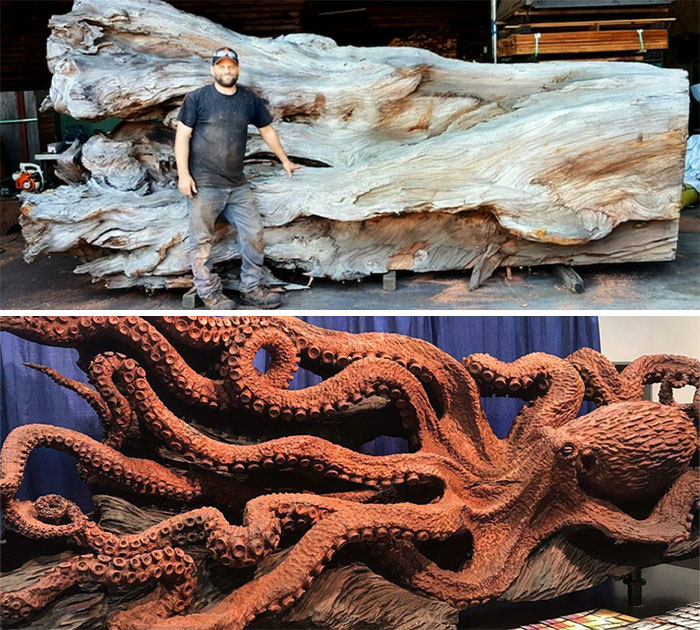 The Expert Chainsaw Cutter Jeffrey Michael Samudosky Used Part Of A Dead Sequoia To Create His Incredible Octopus' Sculpture. Wow!