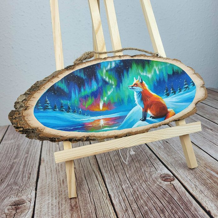 Aurora Fox - Acrylic Painting On Wood Slice, What Do You Think?