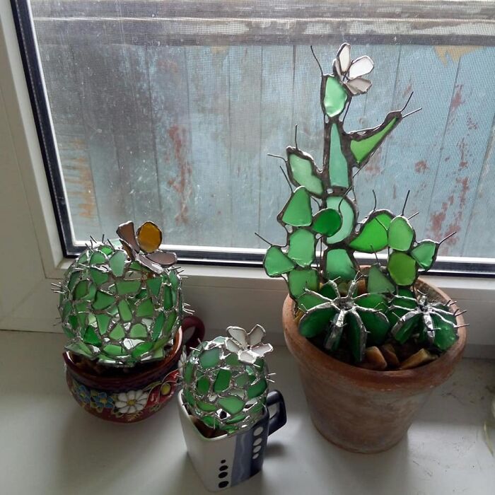 Sea Glass Cacti I Made In Tiffany Stained Glass Technique. Round Ones Are Also Candle Holders. Flowers Are Removable