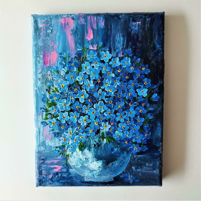 Bouquet Of Forget-Me-Nots, Acrylic, Stretch Canvas, 8 X 6 Inches