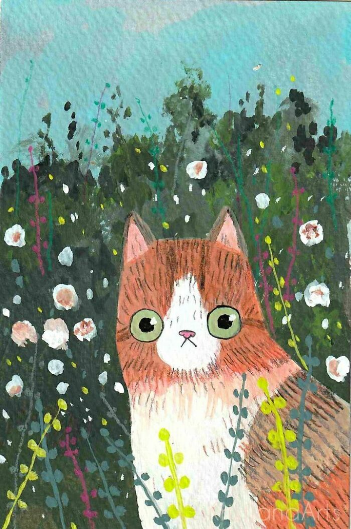 Cat Painting By Me. Acrylic And Ink On 4x6" Paper