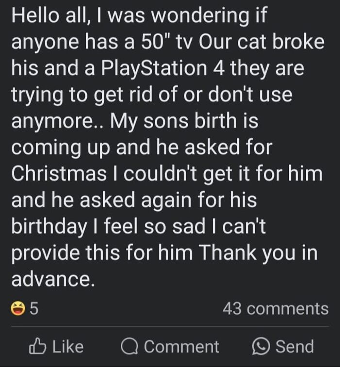 Posted In My Town's Buy Nothing Page. She's All Kinds Of Salty With Anybody Questioning Her. I'd Like A 50 In TV And A Ps4 Too Please!