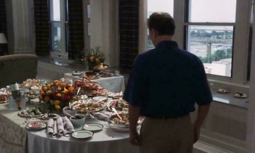 Cast Away(2000)chuck Is Welcomed Home With A Seafood Platter,because His Friends Are Assholes