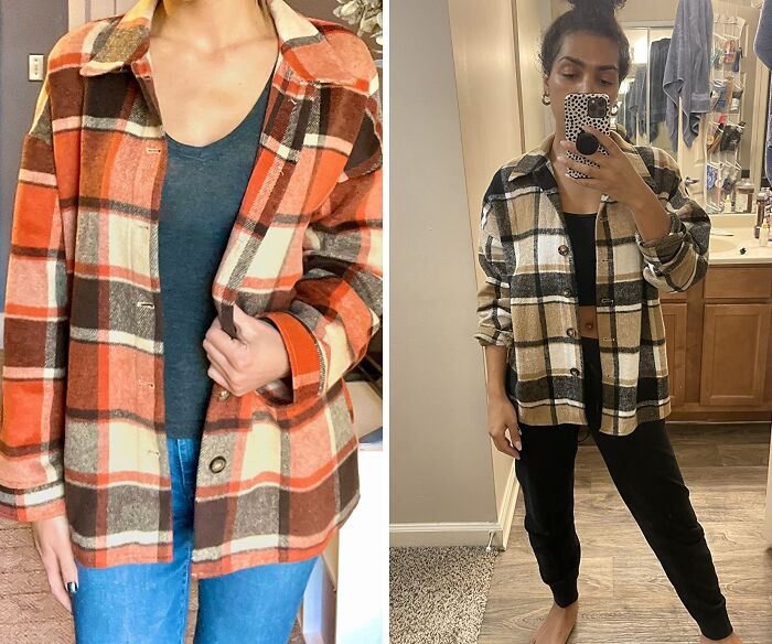 Step Into Autumn Style With Fall Color Block Plaid Flannel Shacket Jacket: A Versatile Button-Down Shirt Coat For Trendy Tops