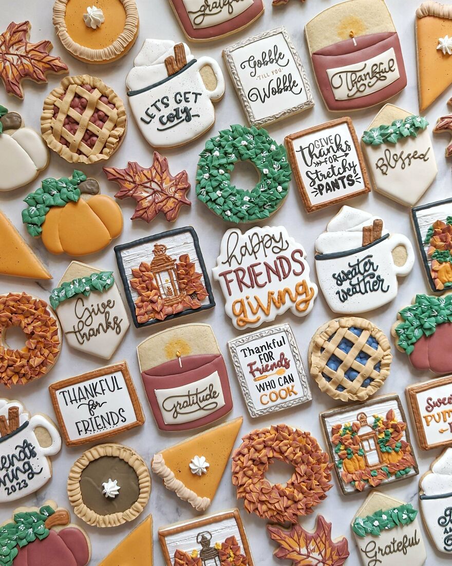 Was Given Design Freedom By Customer To Make 75 Cookies For A Friendsgiving Set.. Became One Of My Favorite Orders To Date.. Happy Thanksgiving 