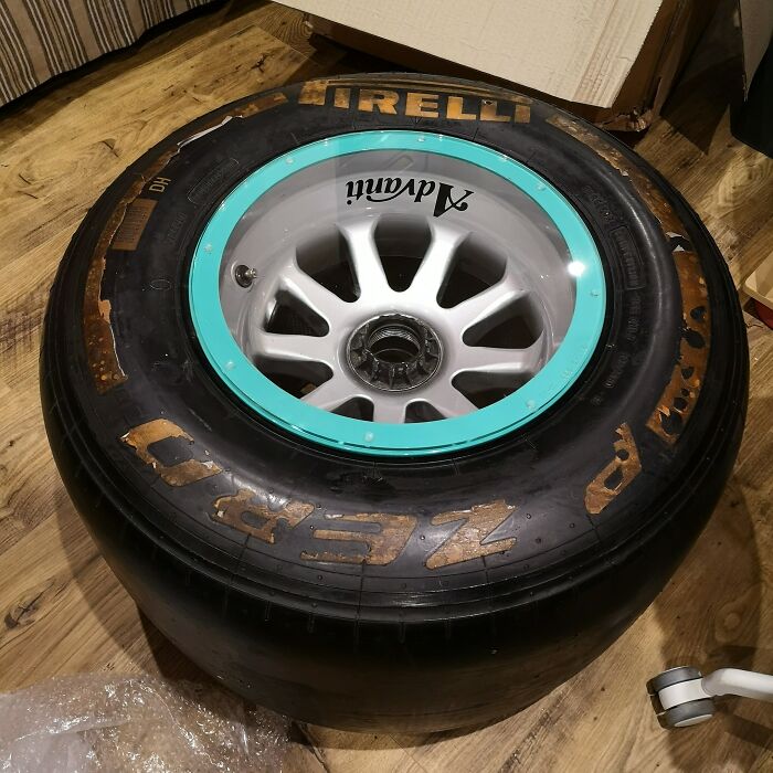 Christmas Present From My Brother: A 2014 Used Mercedes-Amg Petronas Formula One Team Rear Wheel, Converted Into A Coffee Table!