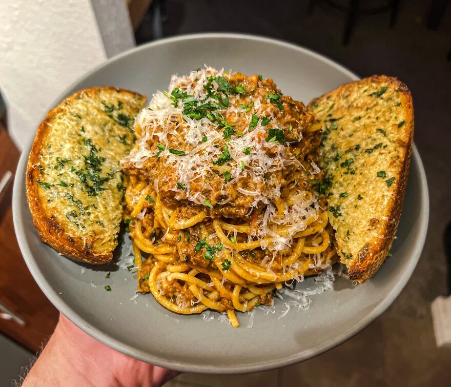 Homemade Spaghetti Bolognese With Sourdough Garlic Bread