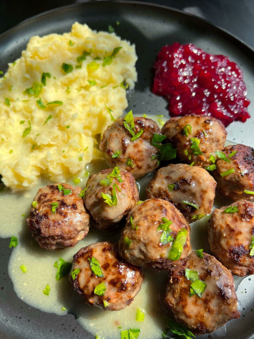 Swedish Meatballs With Mashed Potatoes And Lingonberry Jam